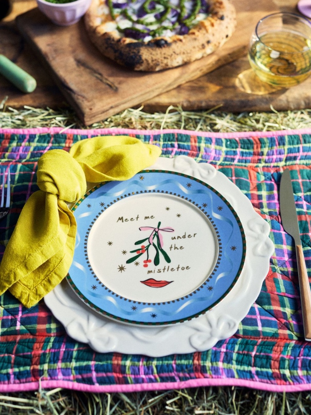 🌲Anthropologie Caroline Stoneware Plate New Meet Me Under The Mistletoe 8” Blue